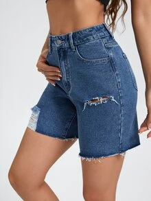 High Waist Ripped Raw Hem Denim Shorts - Medium Wash - View 4