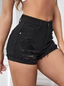 Women Denim Shorts Kantong Raw Hem Ripped Zip Plain - Hitam - View 1