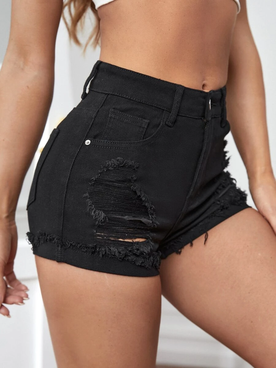 Women Denim Shorts Kantong Raw Hem Ripped Zip Plain - Hitam - View 1
