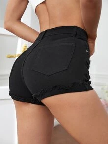 Women Denim Shorts Kantong Raw Hem Ripped Zip Plain - Hitam - View 2