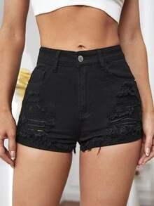 Women Denim Shorts Kantong Raw Hem Ripped Zip Plain - Hitam - View 5