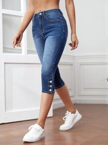 SHEIN Essnce 漂白水洗鈕扣下擺緊身牛仔褲 - 深色水洗藍 - 查看 1