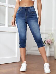 SHEIN Essnce 漂白水洗鈕扣下擺緊身牛仔褲 - 深色水洗藍 - 查看 4