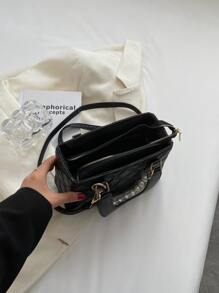 Quilted Detail Faux Pearl Decor Square Bag - Black - View 4