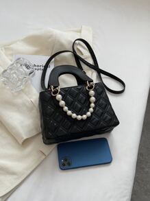 Quilted Detail Faux Pearl Decor Square Bag - Black - View 5