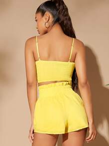 Lace Up Front Shirred Back Cami Top And Shorts Set - Yellow - View 2