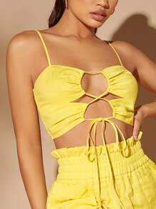 Lace Up Front Shirred Back Cami Top And Shorts Set - Yellow - View 4