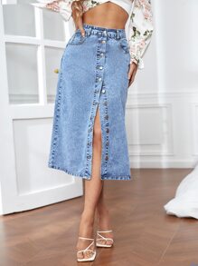 High Waist Button Front Denim Skirt - Light Wash - View 1