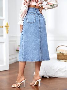 High Waist Button Front Denim Skirt - Light Wash - View 2