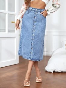 High Waist Button Front Denim Skirt - Light Wash - View 3