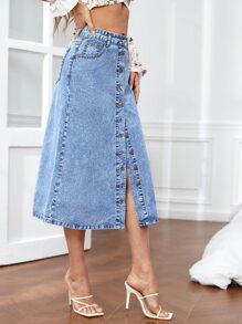 High Waist Button Front Denim Skirt - Light Wash - View 5
