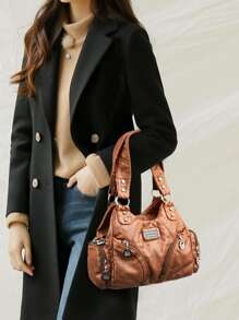 Túi đeo chéo/đeo vai thời trang & ngắn gọn, nhiều ngăn, đính đinh tán, phong cách đường phố cổ điển thanh lịch, hợp thời trang, hoàn hảo để mua sắm, đi nghỉ và sử dụng hàng ngày, túi phong cách Rock dành cho phụ nữ - màu nâu - Xem 2