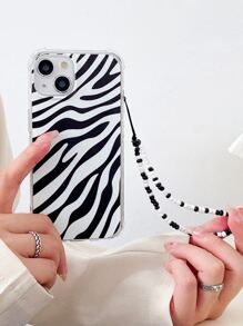 Zebra Stripe Clear Phone Case With Beaded Lanyard - Black and White - View 1