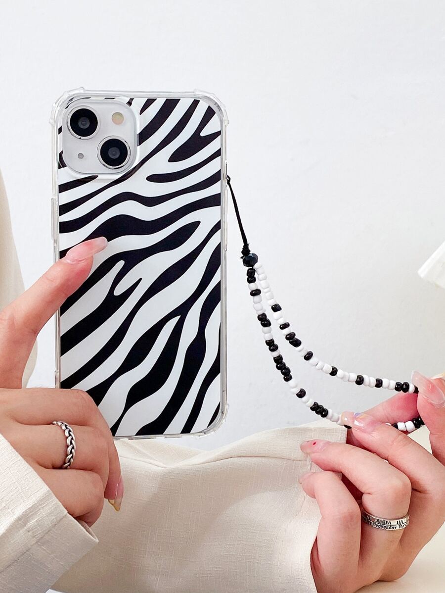 Zebra Stripe Clear Phone Case With Beaded Lanyard - Black and White - View 1
