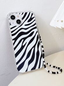 Zebra Stripe Clear Phone Case With Beaded Lanyard - Black and White - View 2