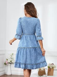 SHEIN Essnce Váy denim nữ Viên lá sen màu trơn Giải trí - Rửa trung bình - Xem 2