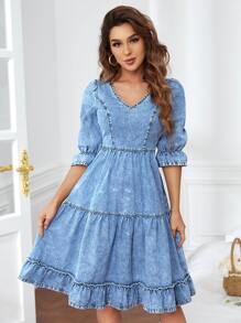 SHEIN Essnce Váy denim nữ Viên lá sen màu trơn Giải trí - Rửa trung bình - Xem 3
