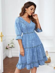 SHEIN Essnce Váy denim nữ Viên lá sen màu trơn Giải trí - Rửa trung bình - Xem 4