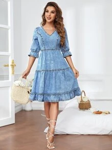 SHEIN Essnce Váy denim nữ Viên lá sen màu trơn Giải trí - Rửa trung bình - Xem 5