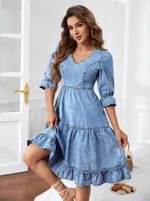 SHEIN Essnce Váy denim nữ Viên lá sen màu trơn Giải trí - Rửa trung bình - Xem 6