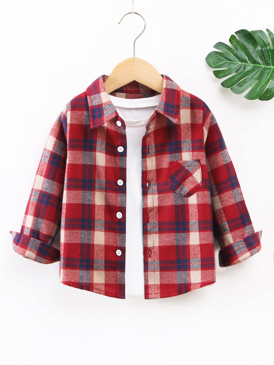 SHEIN 小男童格紋補丁貼口袋襯衫不帶T恤