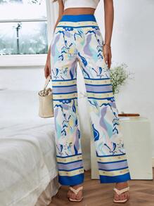 Floral Print Wide Leg Trousers - Multicolor - View 1