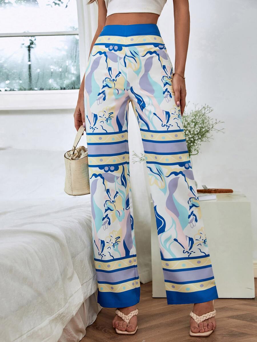 Floral Print Wide Leg Trousers - Multicolor - View 1