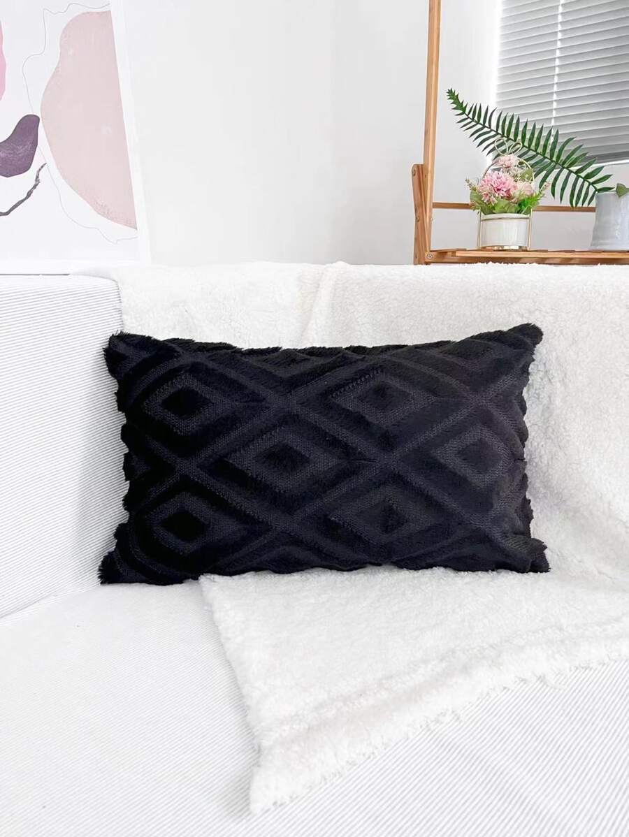 1pc Geometric Pattern Tufted Cushion Cover Without Filler, Polyester Throw Pillowcase For Home Decor - Black - View 1