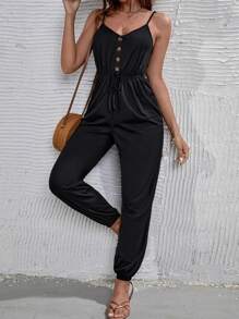 SHEIN VCAY Fake Button Tie Front Cami Jumpsuit - Black - View 3