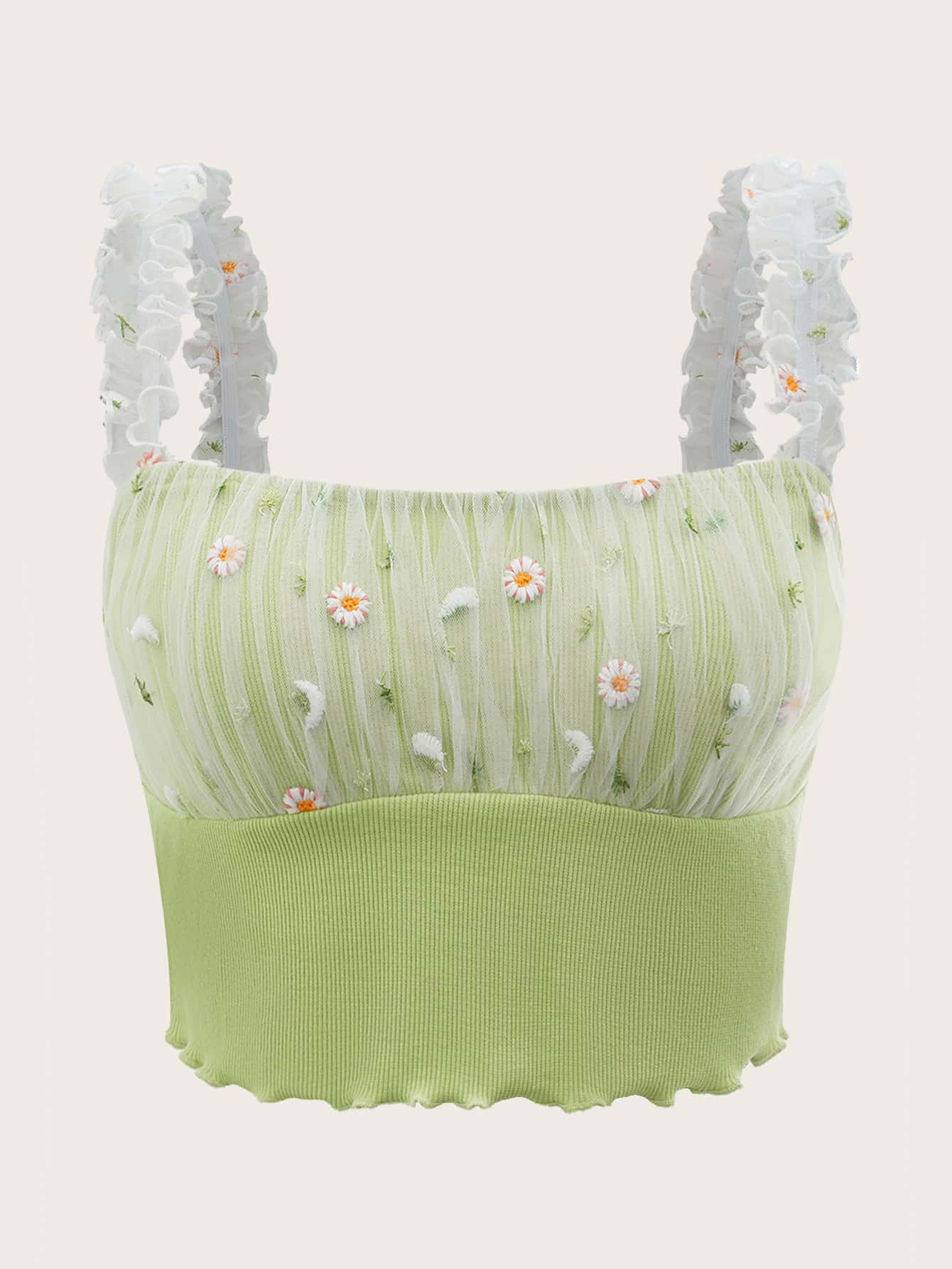 SHEIN MOD Floral Embroidery Lettuce Trim Ruched Bust Crop Top - Lime Green - View 1