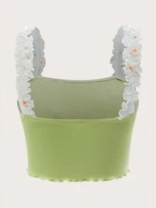 SHEIN MOD Floral Embroidery Lettuce Trim Ruched Bust Crop Top - Lime Green - View 2