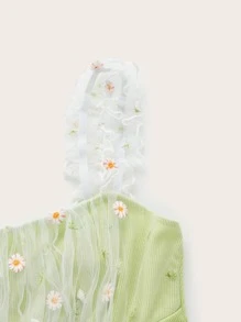 SHEIN MOD Floral Embroidery Lettuce Trim Ruched Bust Crop Top - Lime Green - View 3