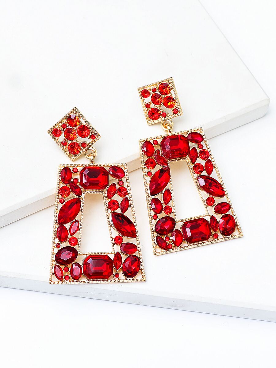 juran rhinestone thả bông tai hình học - Đỏ - Xem 1