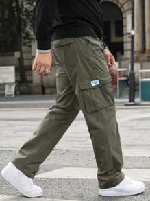 Manfinity Hypemode Men Letter Patched Flap Pocket Cargo Trousers - Army Green - View 1