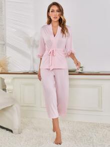 Nina Bonheur Conjunto de pijama Bata con cinturón aplique con pantalones - Rosa Pálido - Ver 6