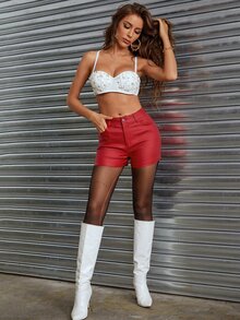 PU皮革緊身短褲 - 紅色 - 查看 4