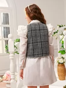 SHEIN Teen Girls Button Front Contrast Trim Tweed Overcoat - Black and White - View 2