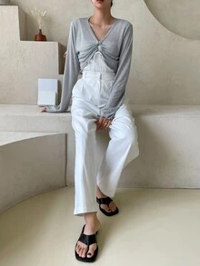 DAZY Camiseta unicolor con cordón fruncido sin top de tirantes - Gris - Ver 5