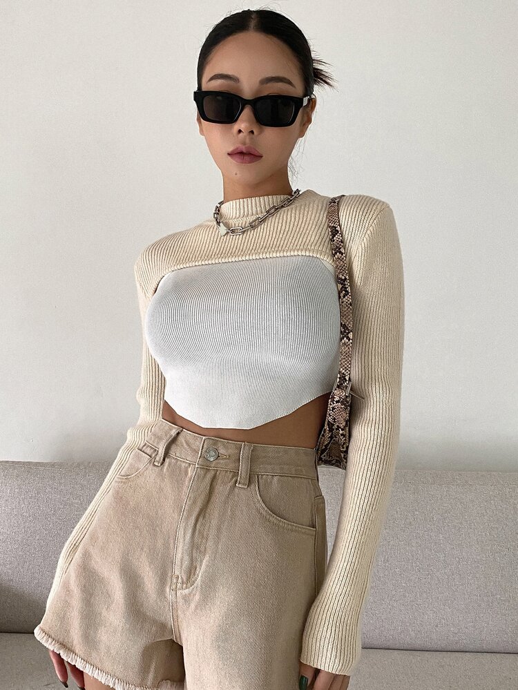 1pc Mock Neck Super Crop Sweater