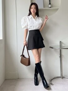 DAZY High Waist Cut Out Hem Skirt - Black - View 4