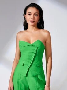 BizChic Chất rắn Nút phía trước Ống ngọn Trang phục làm việc - màu xanh lá - Xem 1