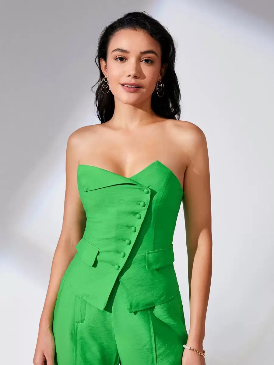 BizChic Chất rắn Nút phía trước Ống ngọn Trang phục làm việc - màu xanh lá - Xem 1