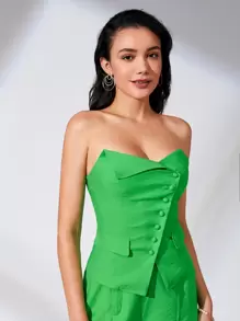 BizChic Chất rắn Nút phía trước Ống ngọn Trang phục làm việc - màu xanh lá - Xem 3