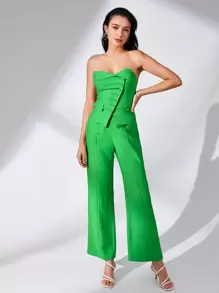 BizChic Chất rắn Nút phía trước Ống ngọn Trang phục làm việc - màu xanh lá - Xem 4