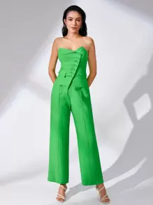 BizChic Chất rắn Nút phía trước Ống ngọn Trang phục làm việc - màu xanh lá - Xem 5