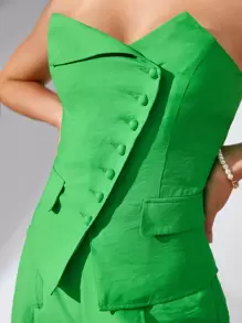 BizChic Chất rắn Nút phía trước Ống ngọn Trang phục làm việc - màu xanh lá - Xem 6