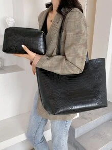 Túi Xách tay Nữ Cá sấu Đôi tay cầm Thanh lịch - màu đen - Xem 4