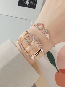 DISU 1 Đồng hồ thạch anh trang trí bằng kim cương giả & 1 Vòng tay làm quà tặng cho học sinh đi học trở lại - Hoa hồng vàng - Xem 1