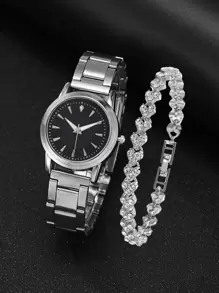 1 Đồng hồ đeo tay nữ hình tròn Con trỏ thạch anh & 1 Vòng tay ngày lễ - Bạc - Xem 1