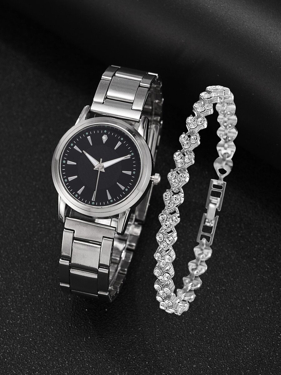 1 Đồng hồ đeo tay nữ hình tròn Con trỏ thạch anh & 1 Vòng tay ngày lễ - Bạc - Xem 1